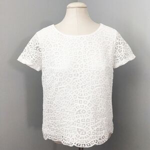 J.Crew Eyelet Lace Laser Cut Top White Short Sleeve Lined Blouse Sheer Women's 6